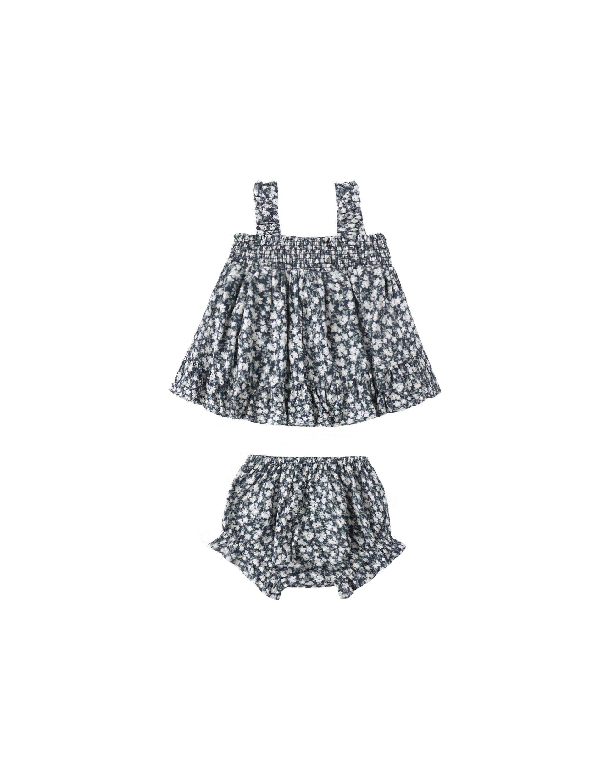 Navy floral Lala set by Rylee & Cru featuring a matching top and pants with a floral pattern on soft fabric.