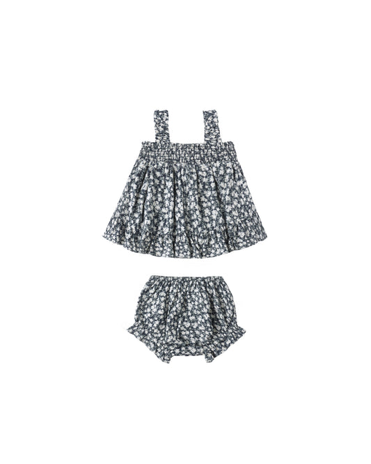 Navy floral Lala set by Rylee & Cru featuring a matching top and pants with a floral pattern on soft fabric.