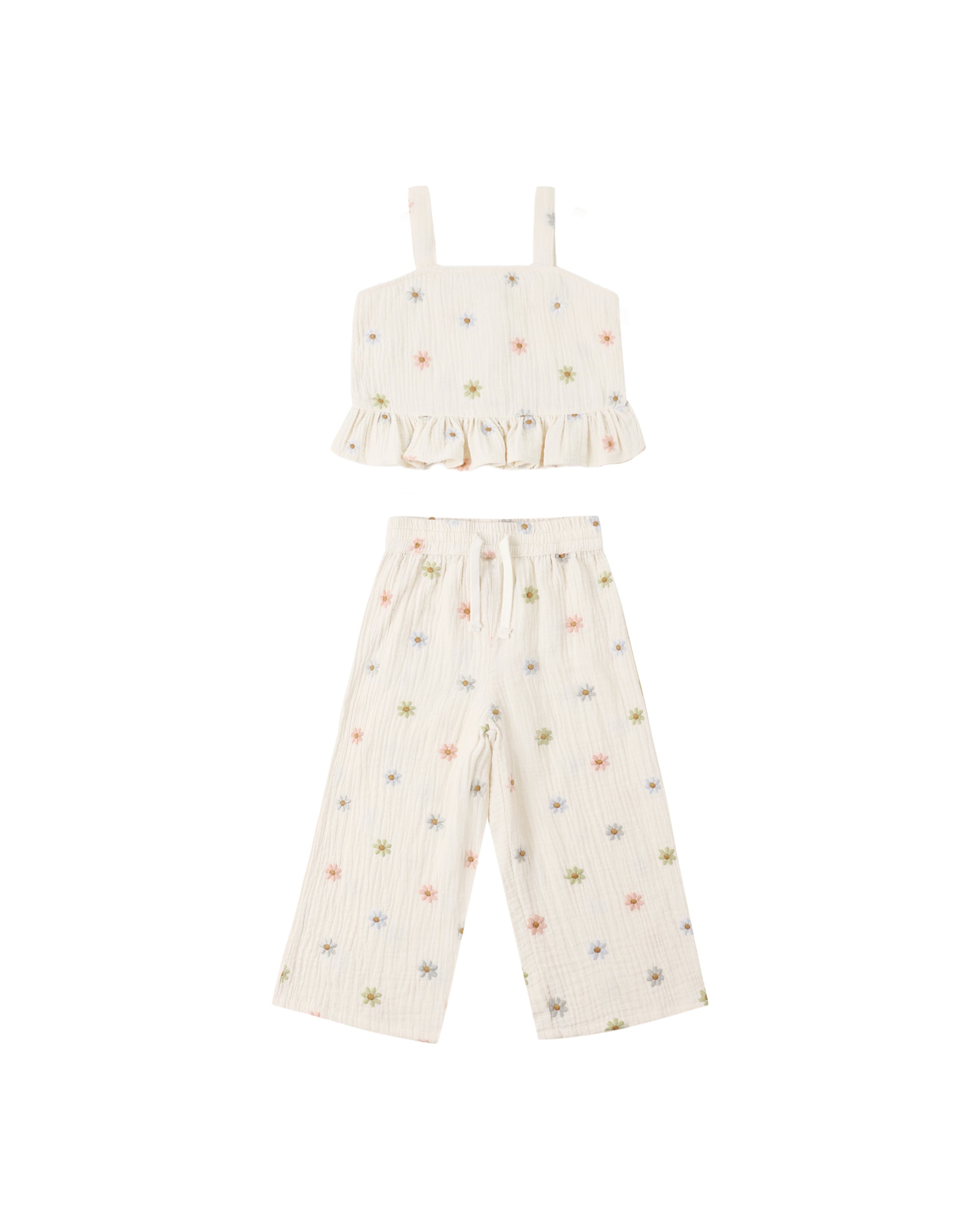 Embroidered Daisies Kayli Set by Rylee & Cru, featuring a natural-colored fabric with delicate daisy embroidery details.