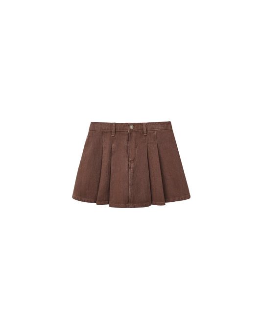 Washed Brown Pleated Denim Skirt