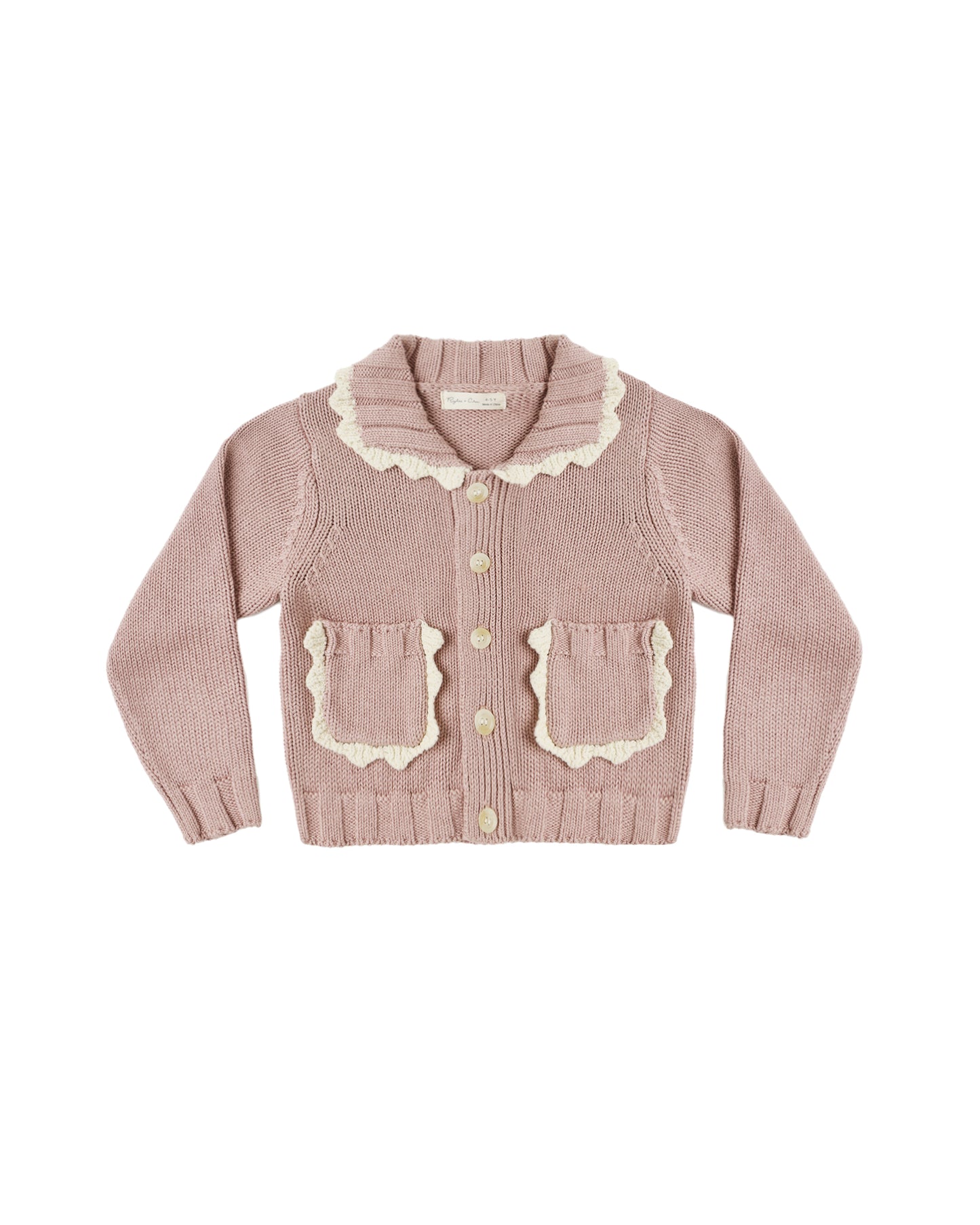 Rylee & Cru Rosewood collared cardigan with button front and soft knit fabric, displayed on a wooden hanger.