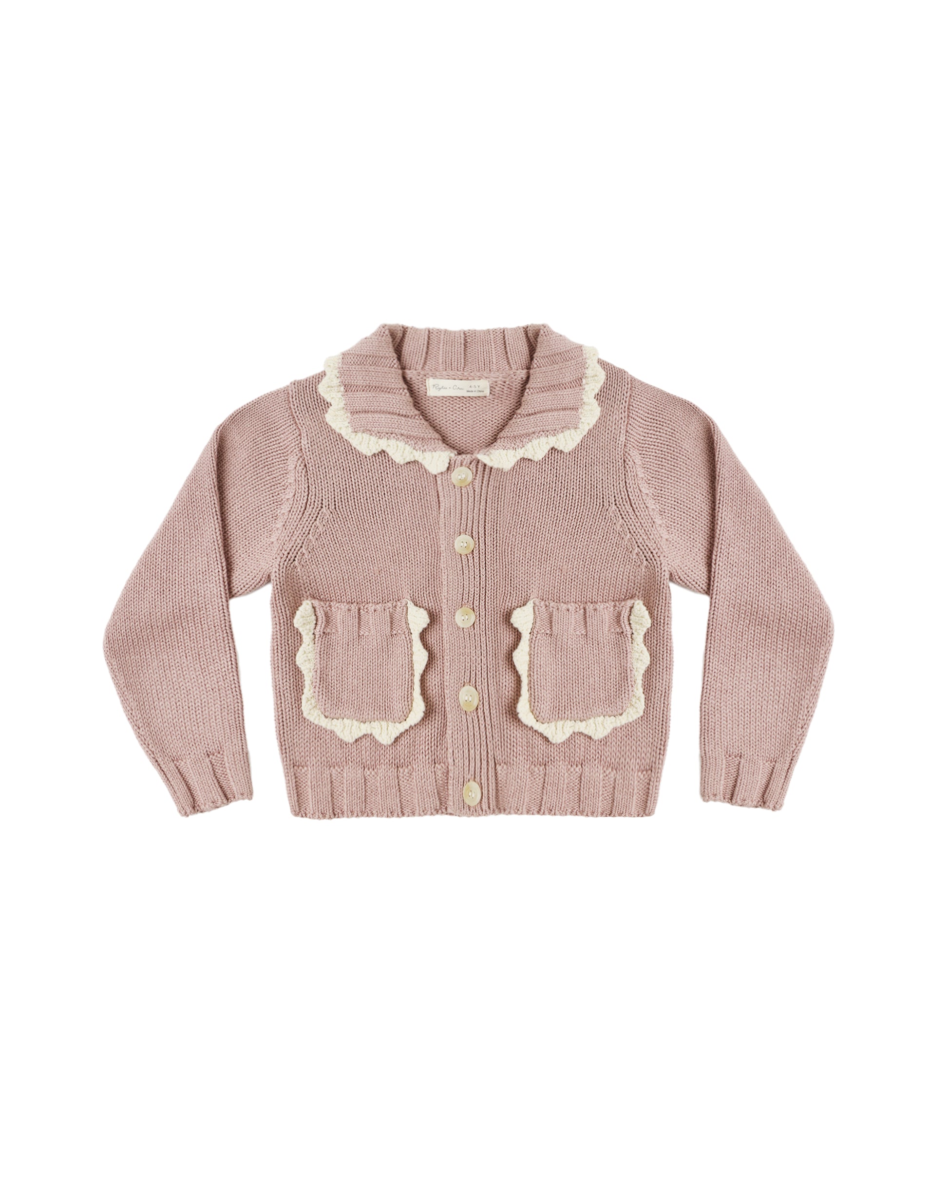 Rylee & Cru Rosewood collared cardigan with button front and soft knit fabric, displayed on a wooden hanger.