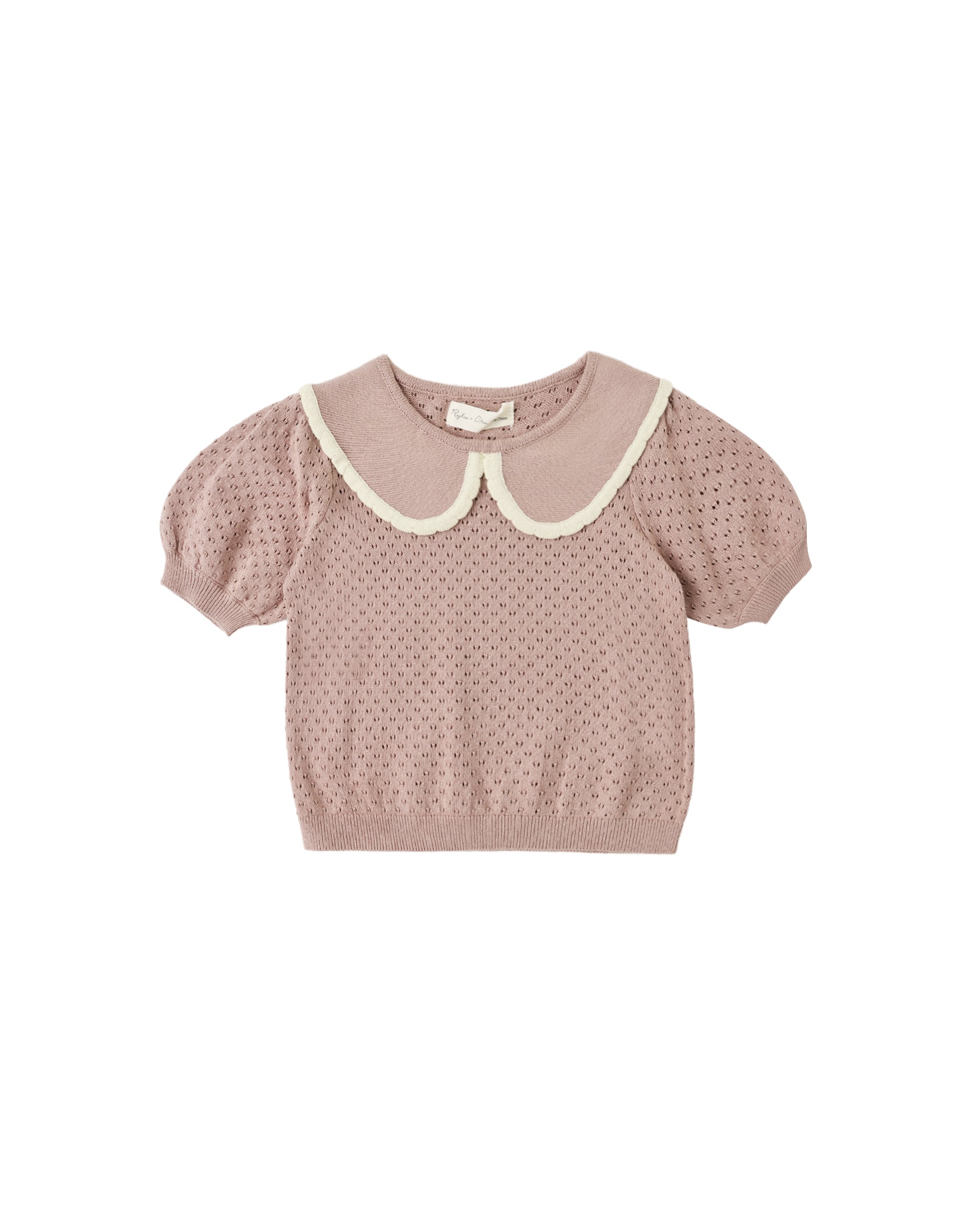 Rylee & Cru Rosewood Pointelle Collared Top featuring a soft knit fabric and button-up front, displayed on a hanger.