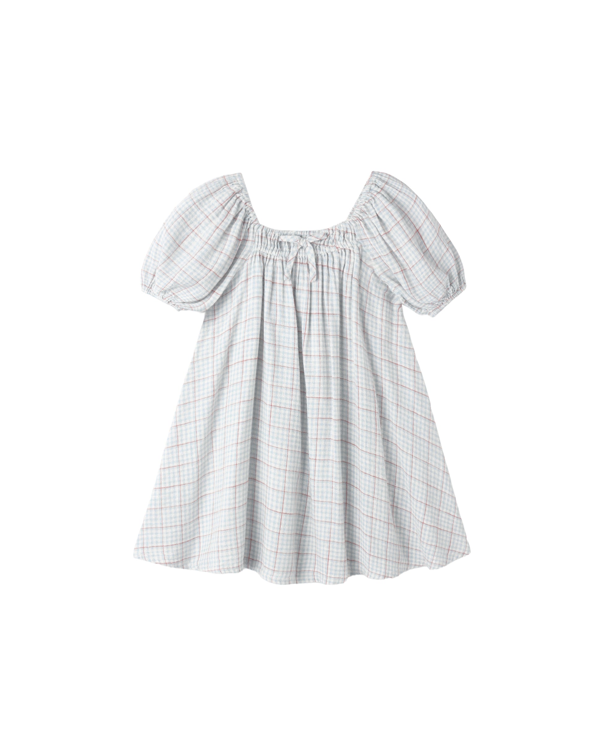 Light blue plaid Sabrina mini dress by Rylee & Cru, featuring a fitted bodice and short sleeves, displayed on a hanger.