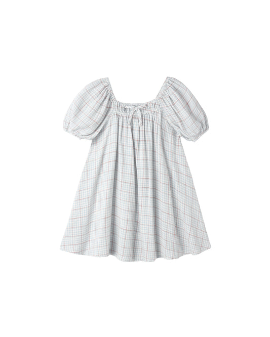 Light blue plaid Sabrina mini dress by Rylee & Cru, featuring a fitted bodice and short sleeves, displayed on a hanger.