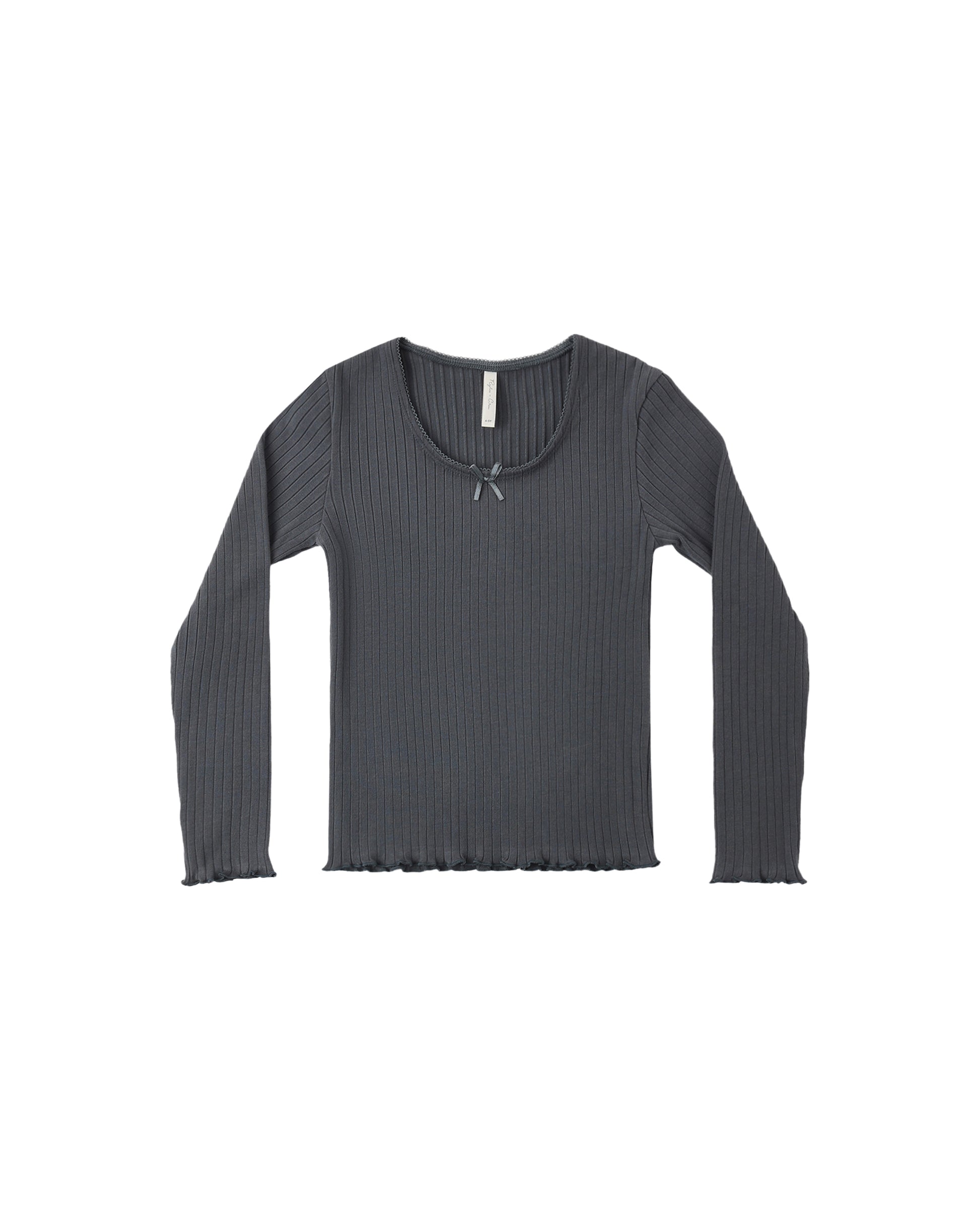 Rylee & Cru Midnight Ribbed Long Sleeve top, close-up of dark ribbed fabric and fitted long-sleeve design.