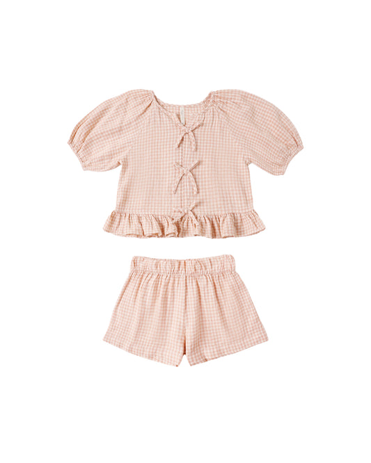 Rylee & Cru Petal Gingham Juniper set featuring a soft, pink and blue gingham pattern on a cozy baby outfit.