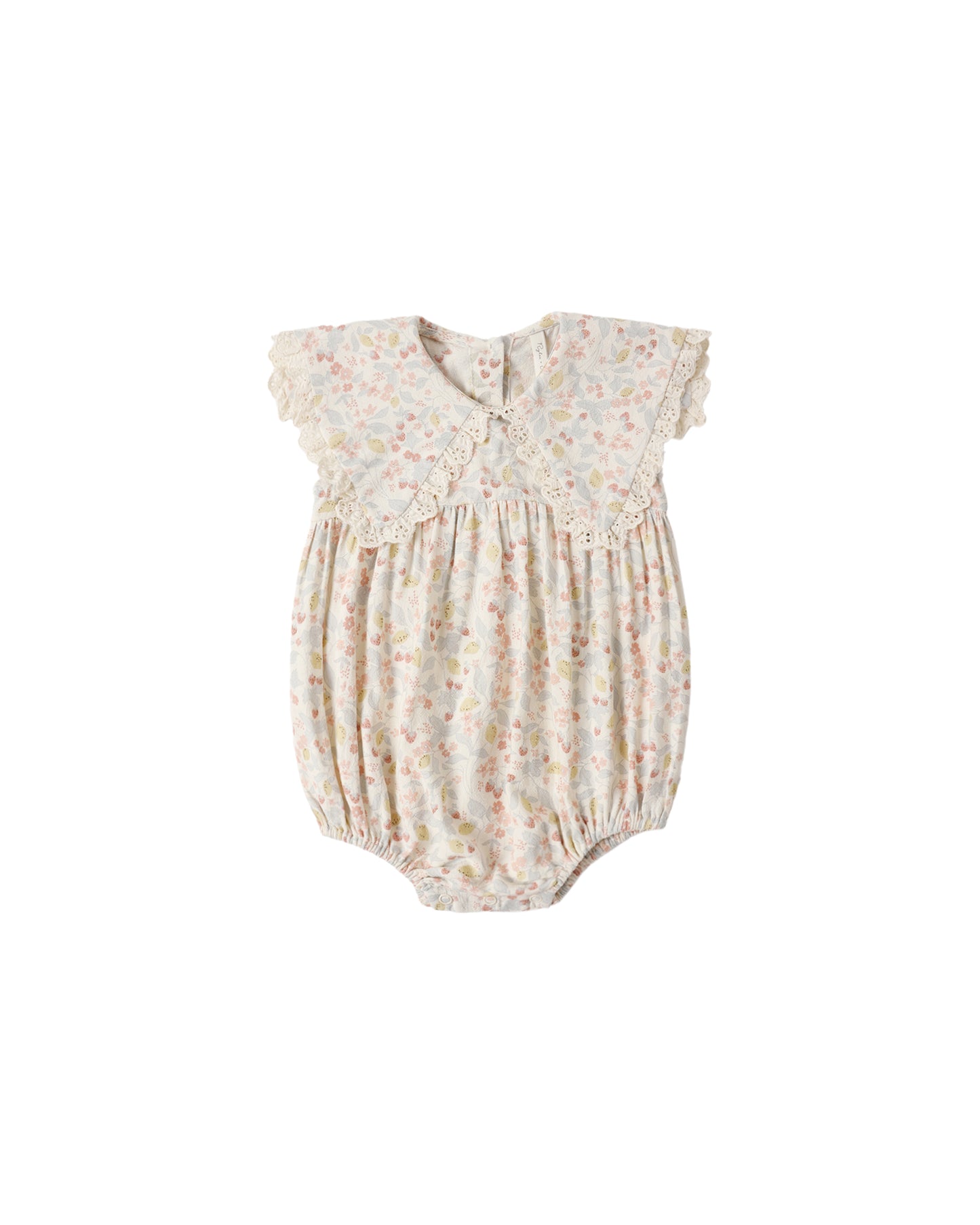 Rylee & Cru Summer Garden Porter Romper for babies, ivory fabric with floral print, short sleeves and snap closures.