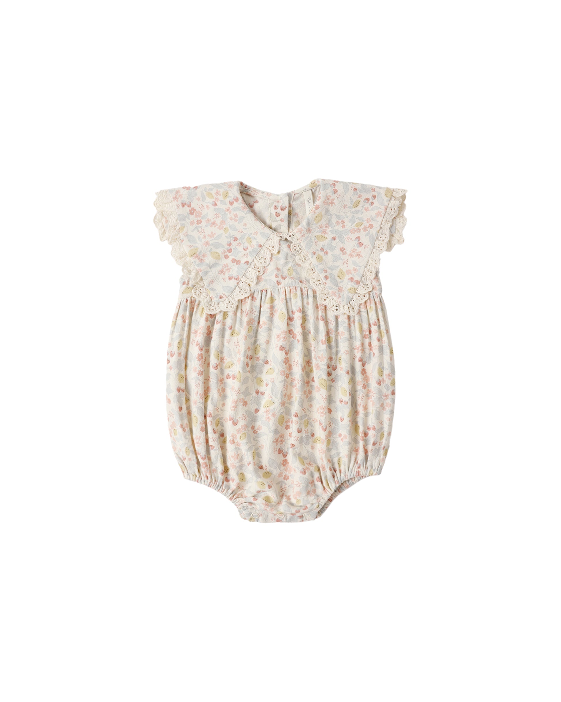 Rylee & Cru Summer Garden Porter Romper for babies, ivory fabric with floral print, short sleeves and snap closures.