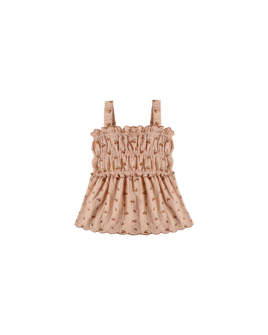 Cherry embroidery smocked tank top by Rylee & Cru, featuring colorful cherry designs and a comfortable smocked fit.