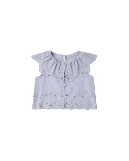 Periwinkle Remi Blouse by Rylee & Cru, featuring soft fabric, long sleeves, and a stylish, casual design for girls.