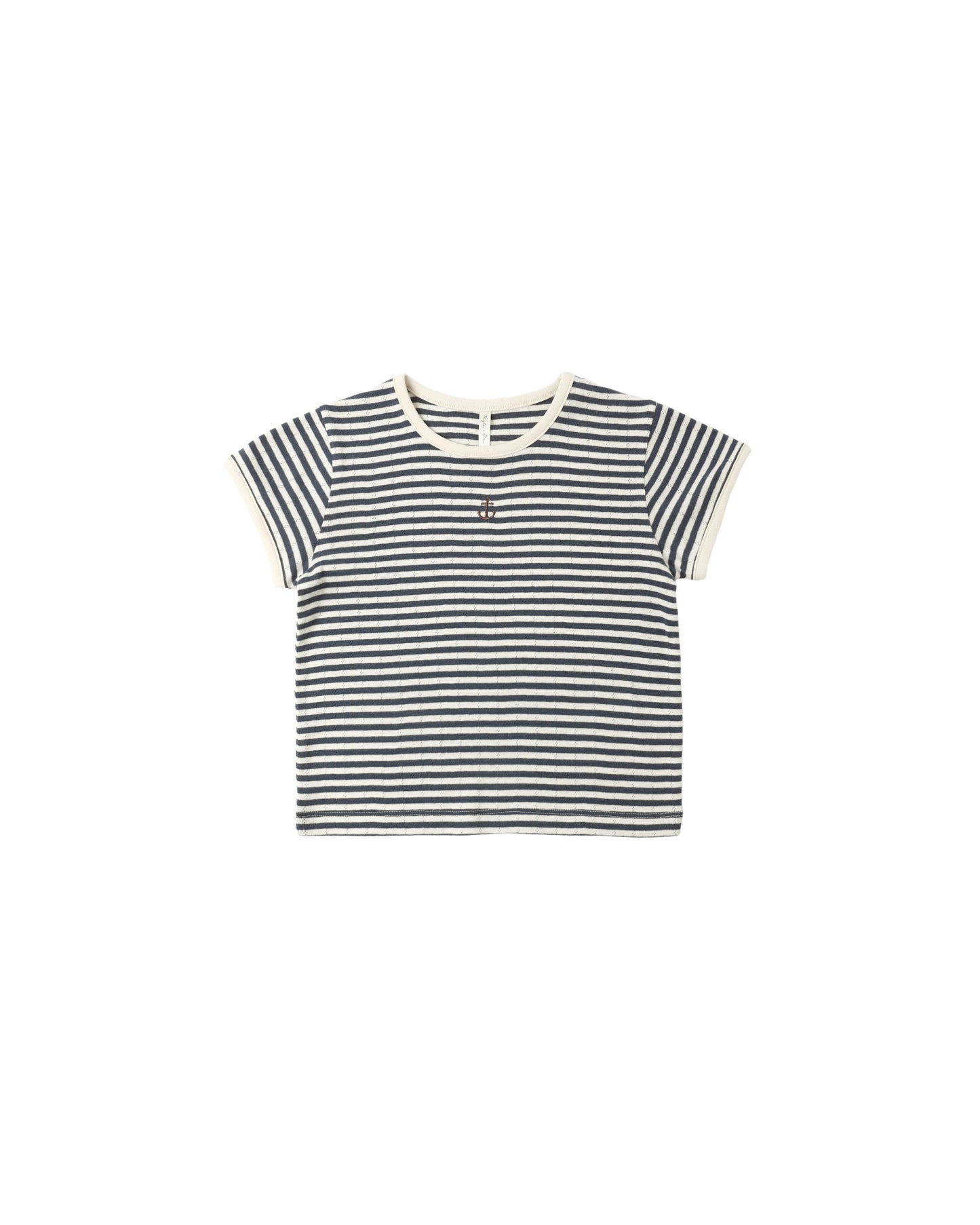 Navy stripe pointelle cotton tee for girls by Rylee & Cru, featuring a soft knit fabric and delicate pointelle detailing.