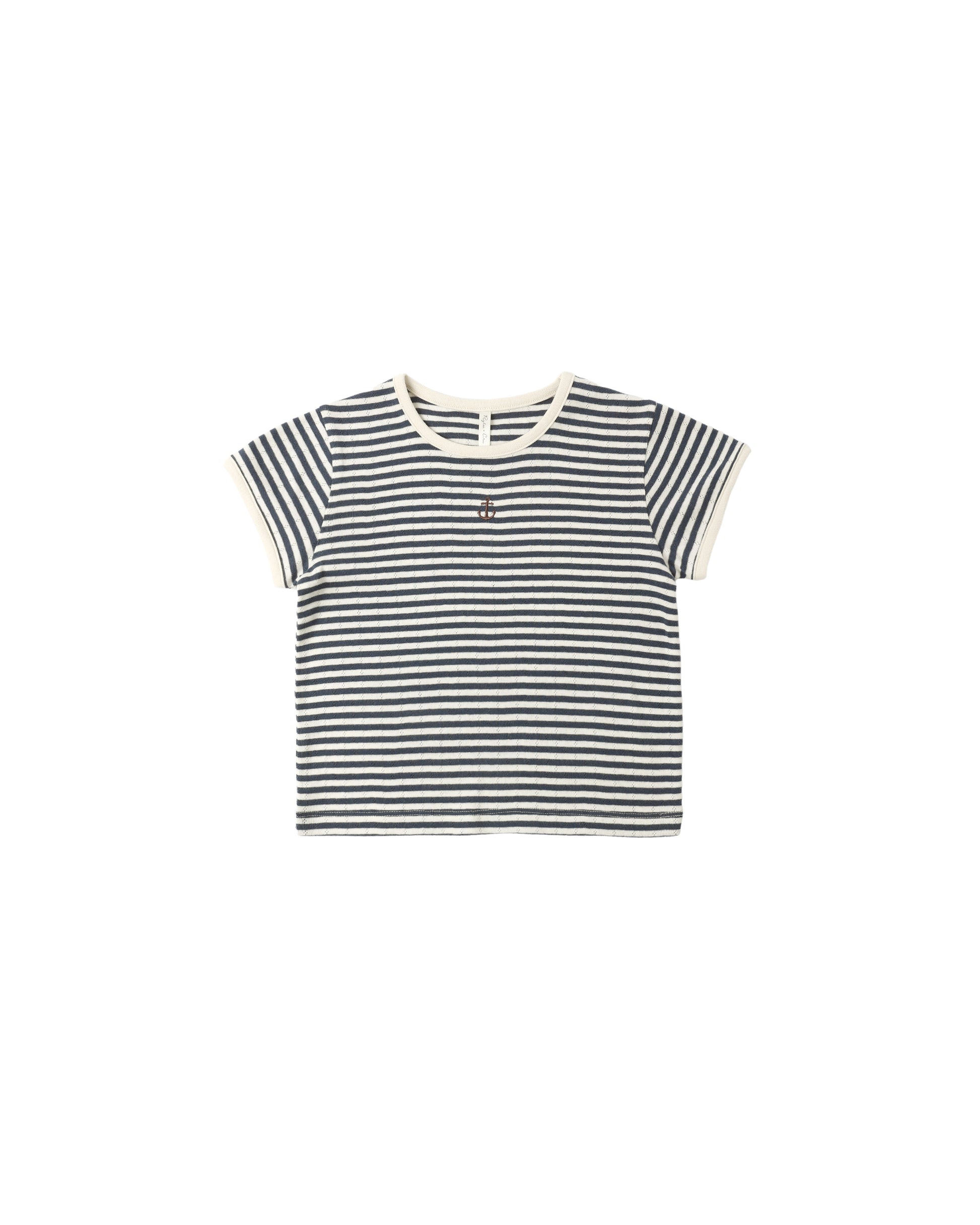 Navy stripe pointelle cotton tee for girls by Rylee & Cru, featuring a soft knit fabric and delicate pointelle detailing.