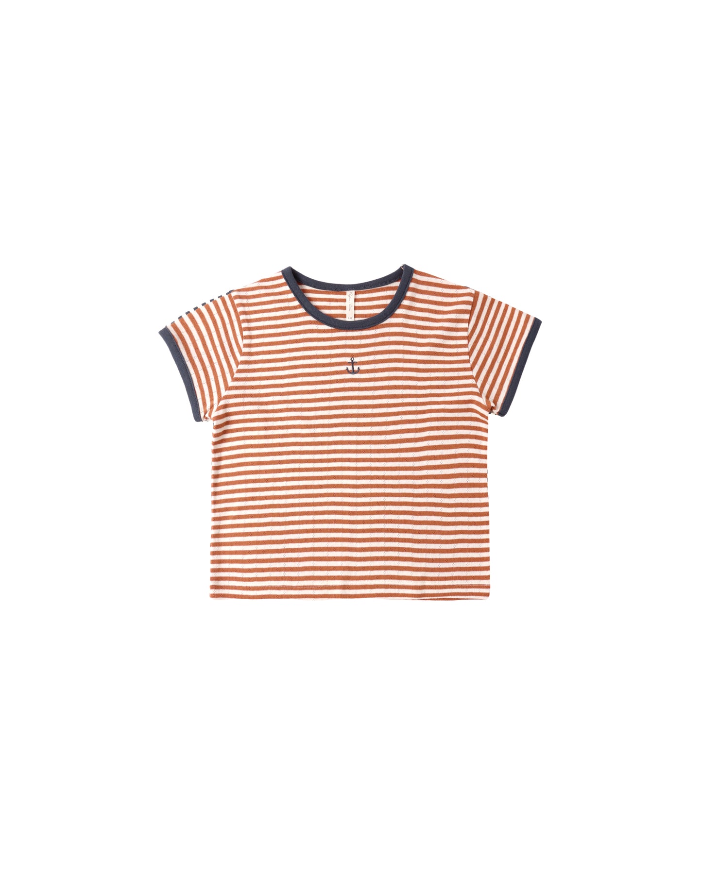 Rylee & Cru Poppy Stripe Pointelle Tee in gray with pink and white stripes, featuring a soft, breathable knit fabric.