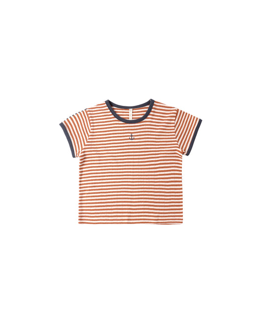 Rylee & Cru Poppy Stripe Pointelle Tee in gray with pink and white stripes, featuring a soft, breathable knit fabric.