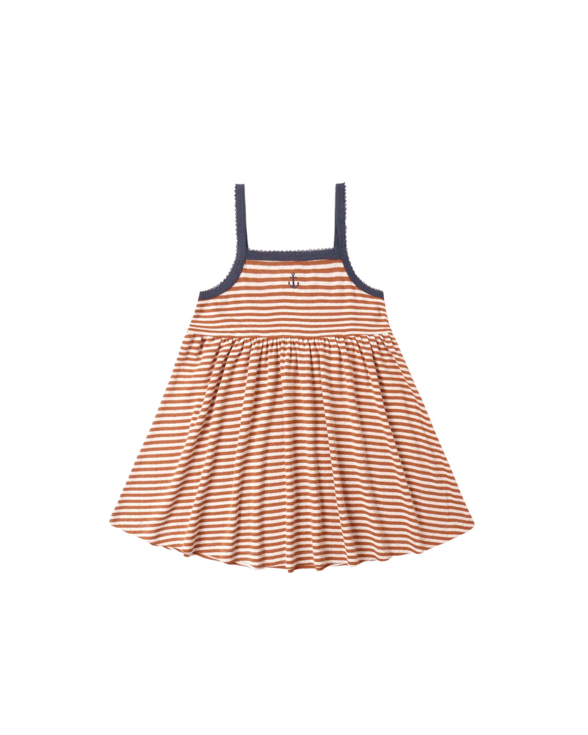 Rylee & Cru Poppy Stripe Lea Dress in green with white and pink stripes, featuring a ruffled neckline and sleeveless design.
