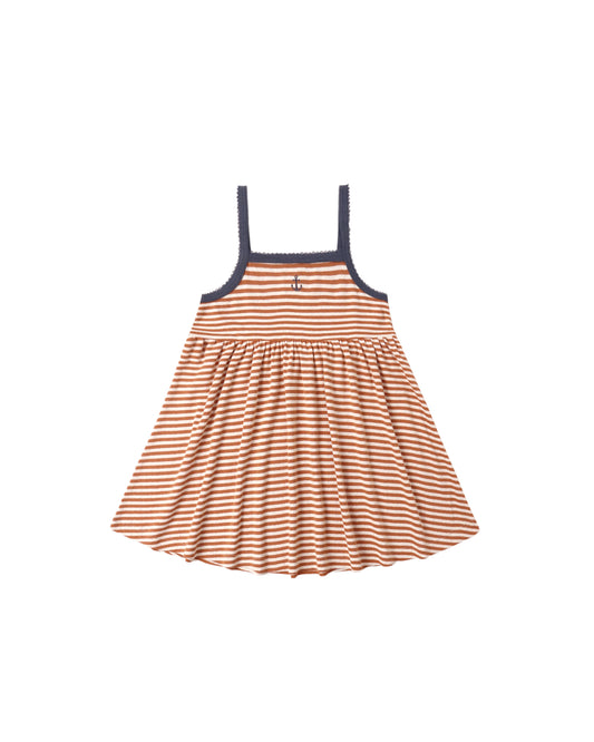 Rylee & Cru Poppy Stripe Lea Dress in green with white and pink stripes, featuring a ruffled neckline and sleeveless design.