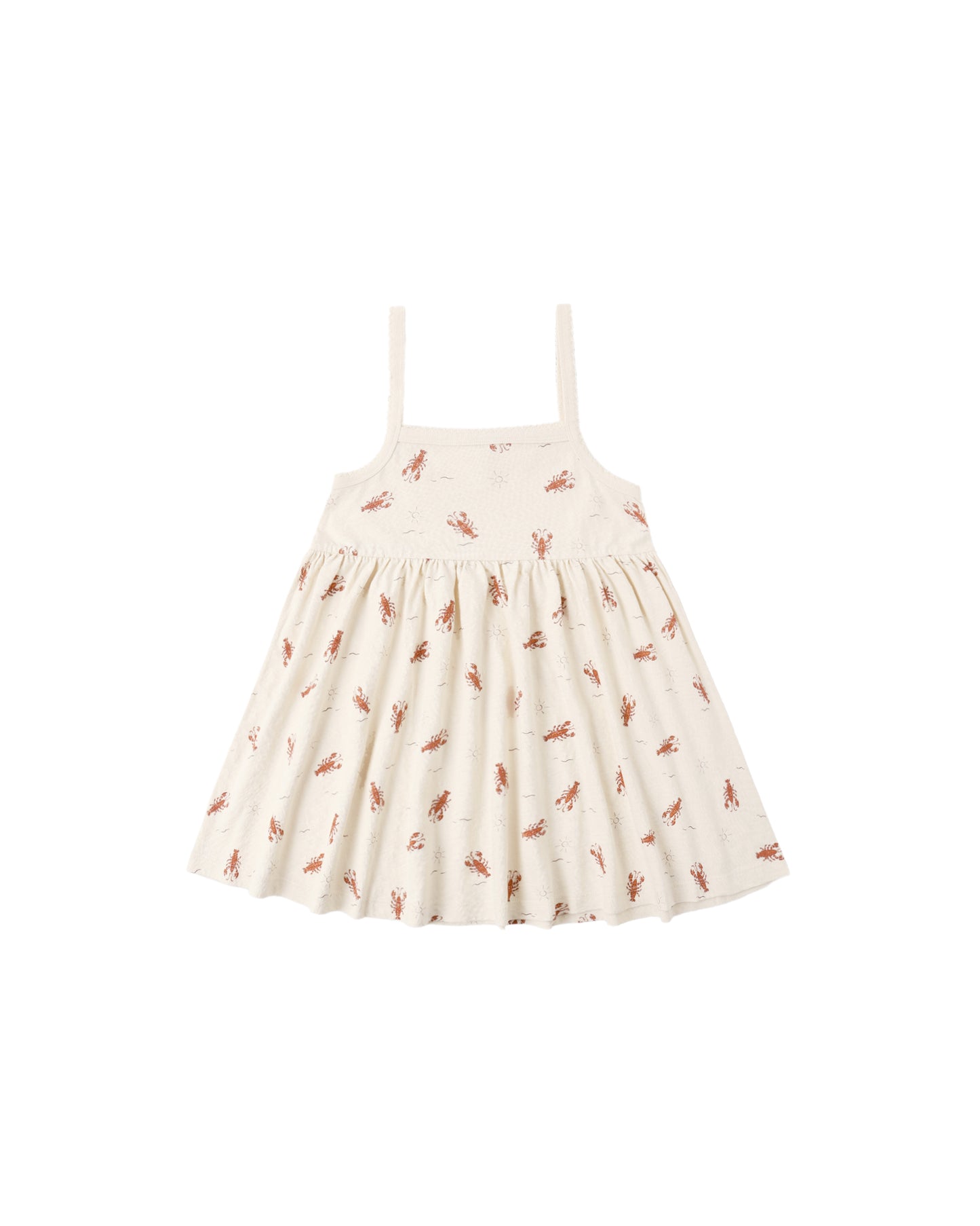 Rylee & Cru Lobsters Lea Dress in natural fabric with a playful lobster print, featuring a sleeveless design and gathered waist.