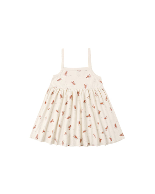 Rylee & Cru Lobsters Lea Dress in natural fabric with a playful lobster print, featuring a sleeveless design and gathered waist.