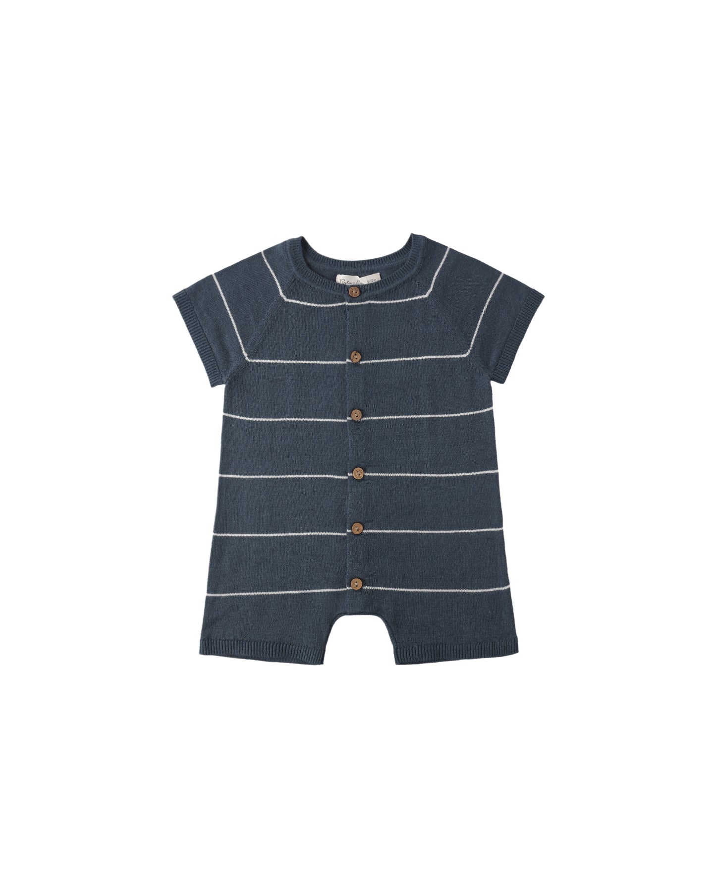 Navy and white striped Liam knit romper for infants by Rylee & Cru, front view showing soft fabric and cozy design.
