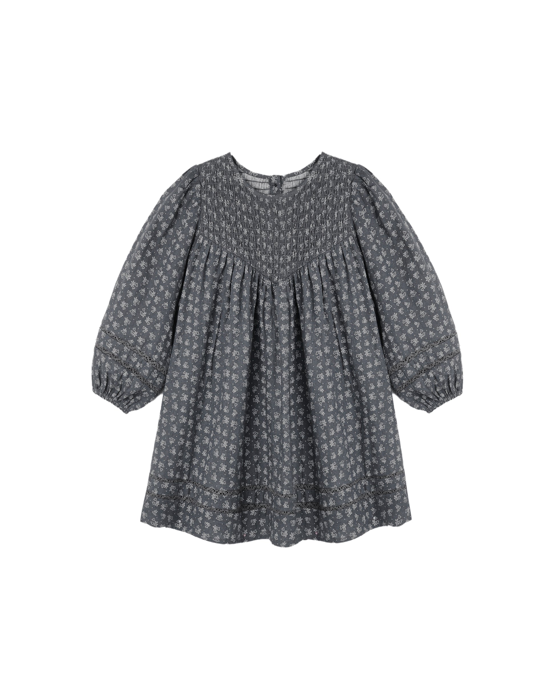 Rylee & Cru Heart Ditsy Selene Dress in midnight with a floral heart pattern, lightweight fabric, and long sleeves.