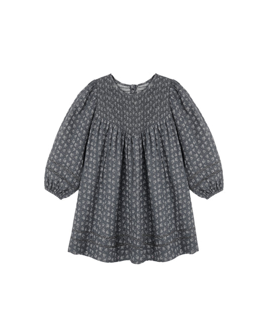 Rylee & Cru Heart Ditsy Selene Dress in midnight with a floral heart pattern, lightweight fabric, and long sleeves.