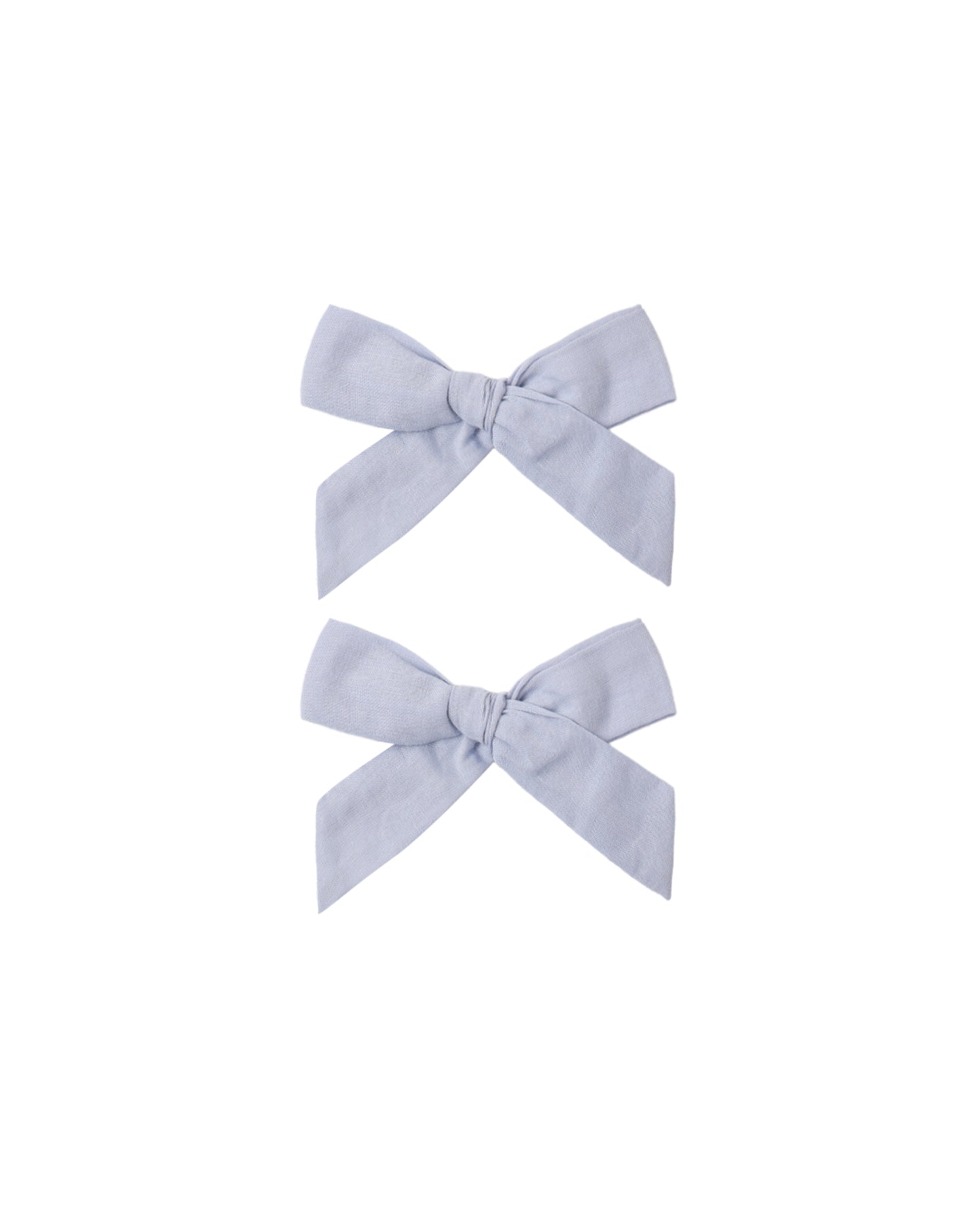 Pair of periwinkle fabric bows for hair, set of 2 by Rylee & Cru, with soft, decorative loops and tails.
