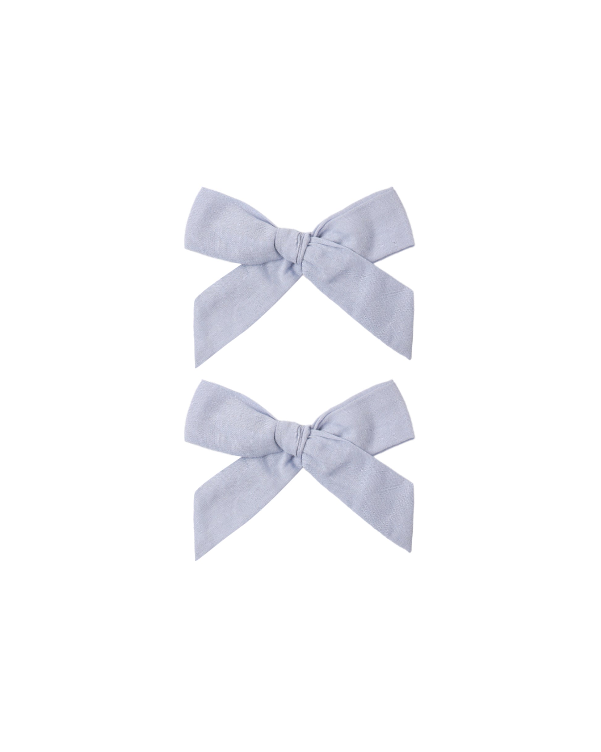 Pair of periwinkle fabric bows for hair, set of 2 by Rylee & Cru, with soft, decorative loops and tails.
