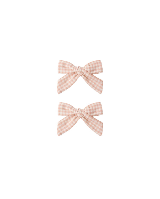 Set of two Rylee & Cru Petal Gingham Bows featuring pink and white checkered fabric, perfect for children’s accessories.