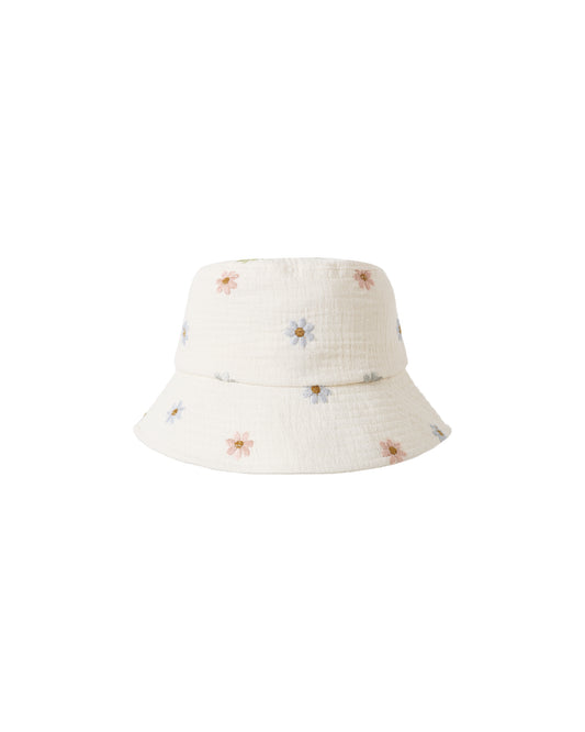 Embroidered Daisies Bucket Hat by Rylee & Cru featuring a natural fabric with floral designs and a wide brim.