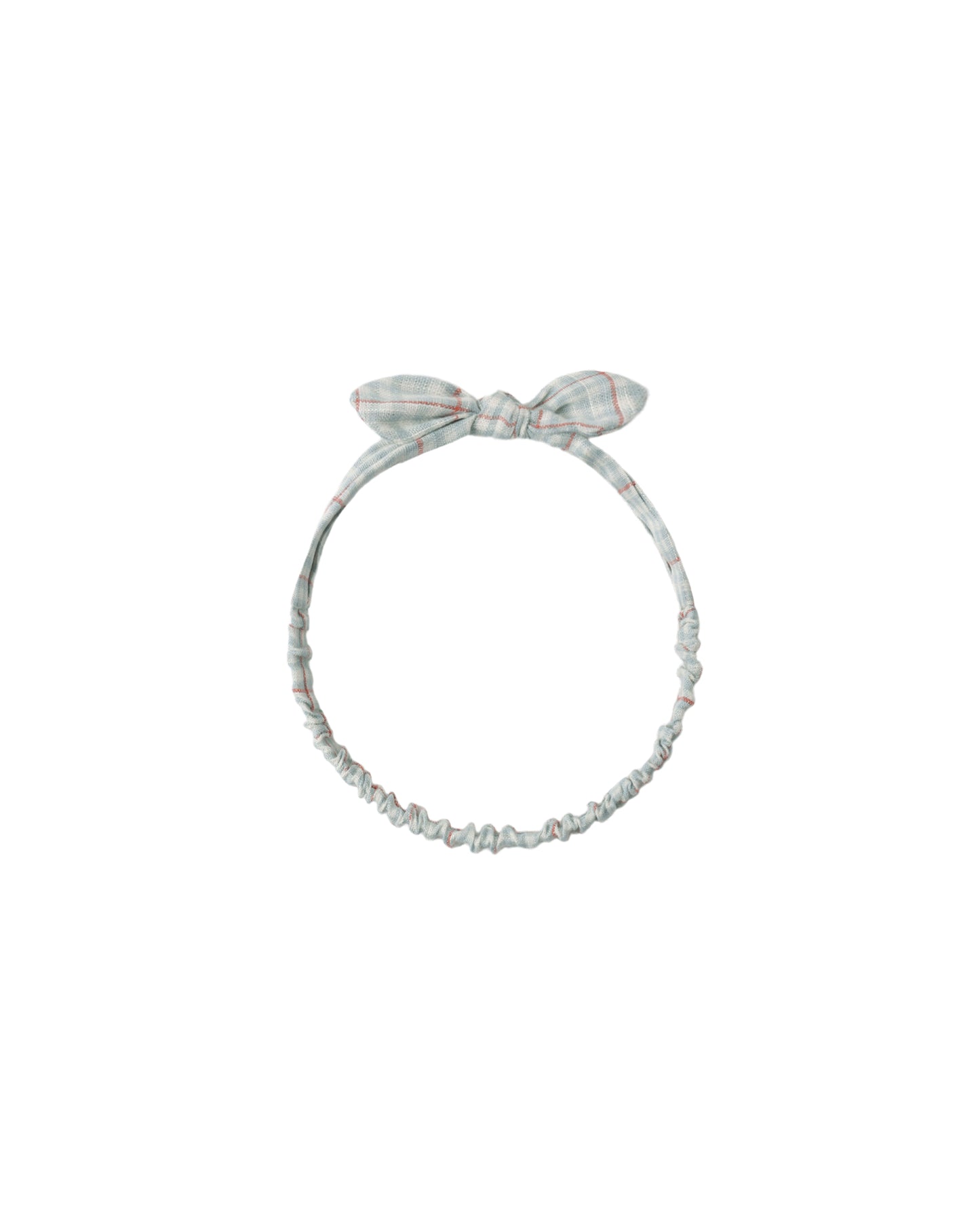 Light blue plaid baby bow headband by Rylee & Cru, featuring a soft fabric bow on a stretchy headband.
