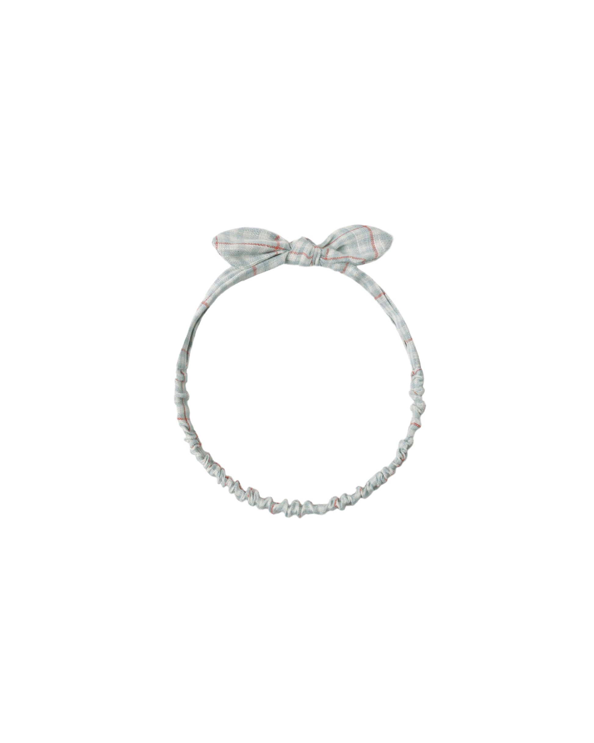 Light blue plaid baby bow headband by Rylee & Cru, featuring a soft fabric bow on a stretchy headband.