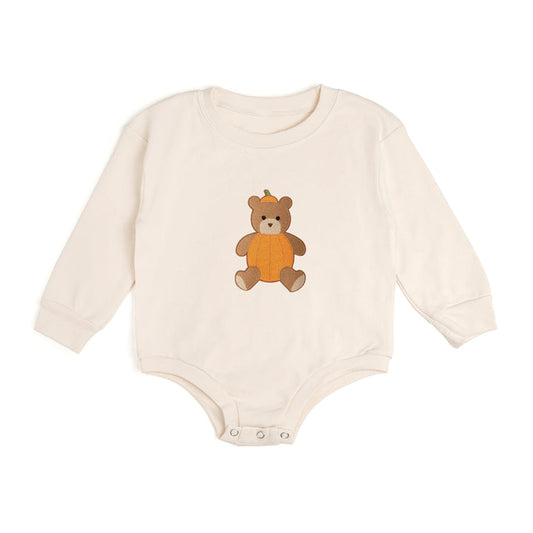 Pumpkin Teddy Bear Patch Long Sleeve Romper