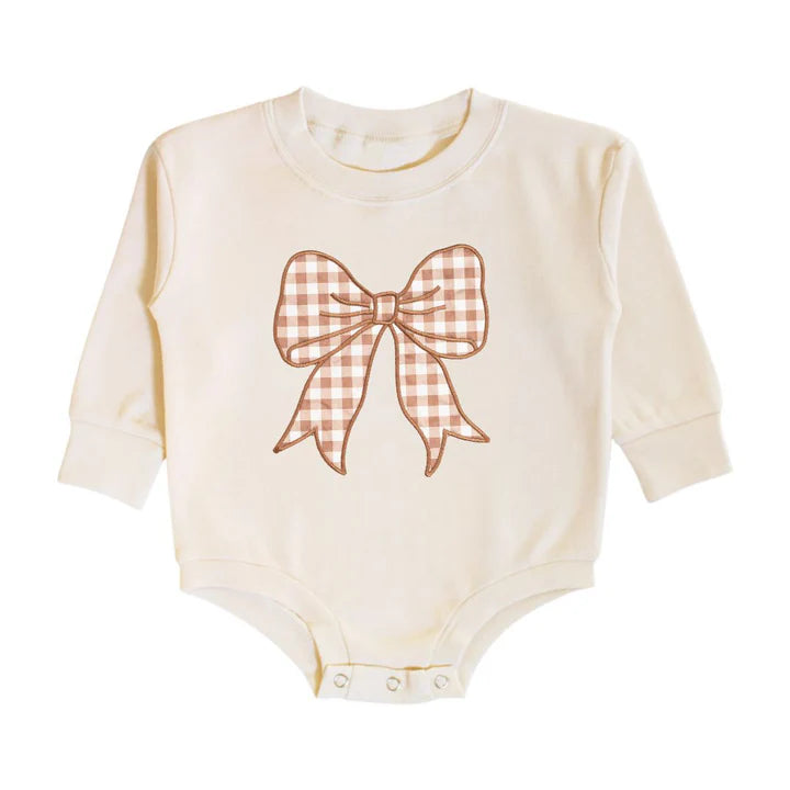Sweet Wink - Gingham Bow Patch Long Sleeve Romper - Natural