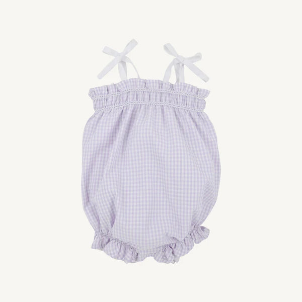 Rosey romper from The Beaufort Bonnet Company featuring Lauderdale lavender gingham fabric with white roses.