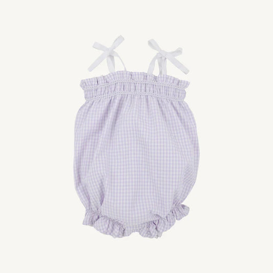 Rosey romper from The Beaufort Bonnet Company featuring Lauderdale lavender gingham fabric with white roses.