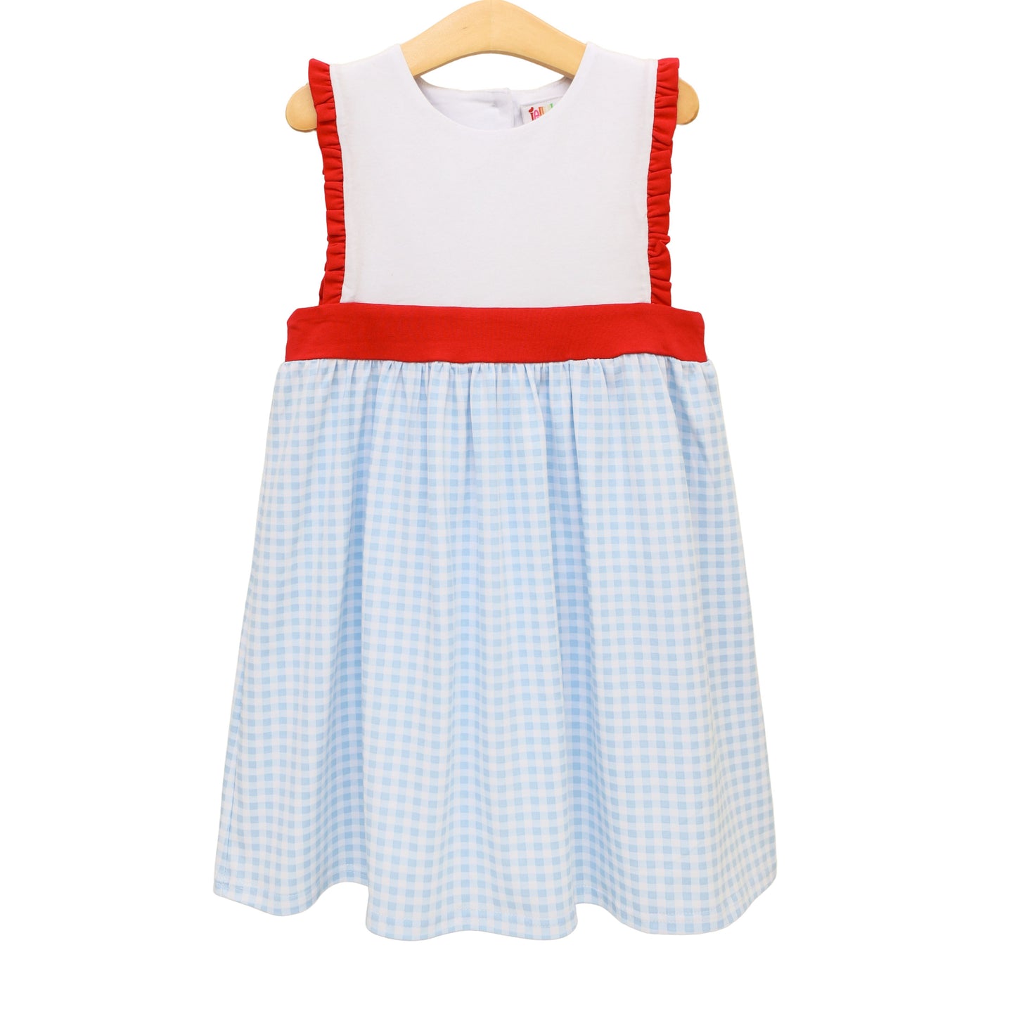 Southern Summer Gingham Sophia Dress by Jellybean, featuring a vibrant gingham pattern and sleeveless design for warm weather.