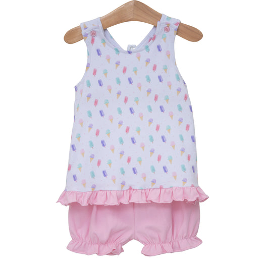 Jellybean Summertime Sweets swing back bloomer set for baby girls, featuring colorful floral print and comfortable fabric.