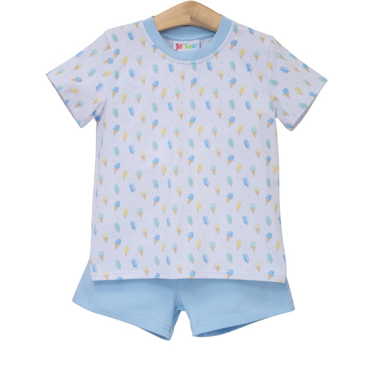 Jellybean Summertime Sweets short set featuring colorful printed fabric for kids, displayed on a flat lay.