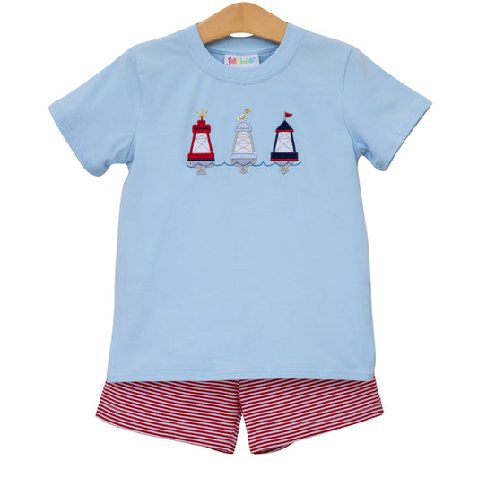Red, white, and buoy print short set for girls by Jellybean, featuring a playful summer design and comfortable fit.