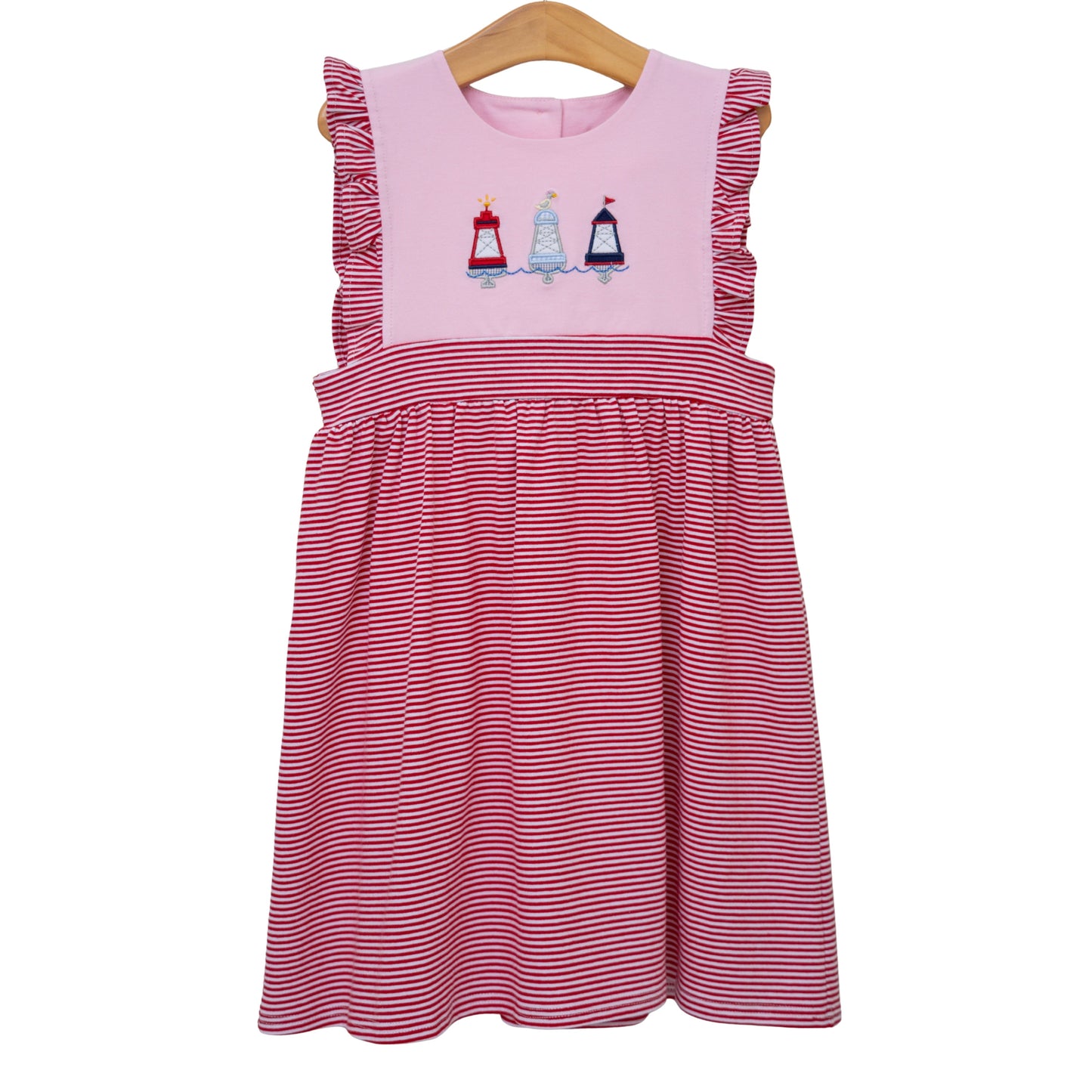 Red, white, and blue buoy-themed Sophia dress by Jellybean featuring playful summer nautical style.