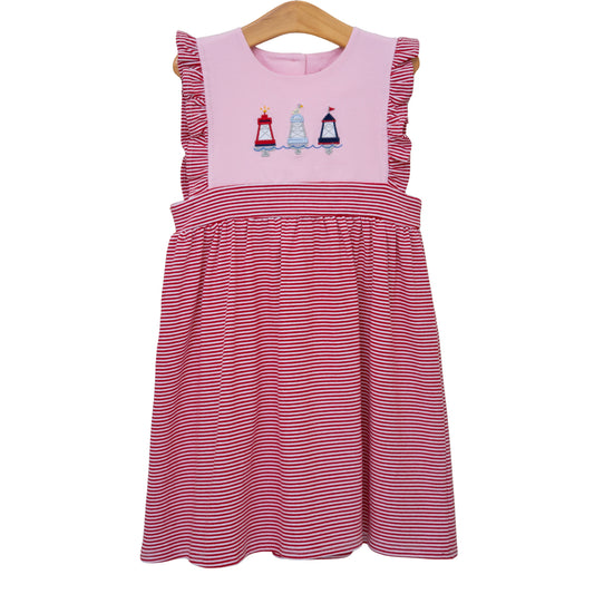 Red, white, and blue buoy-themed Sophia dress by Jellybean featuring playful summer nautical style.