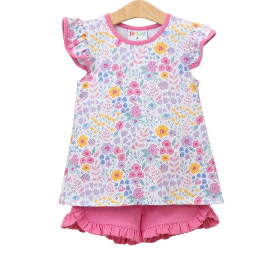 Jellybean Poppies and Petals Ruffle Short Set featuring a colorful floral top and matching ruffle shorts for girls.