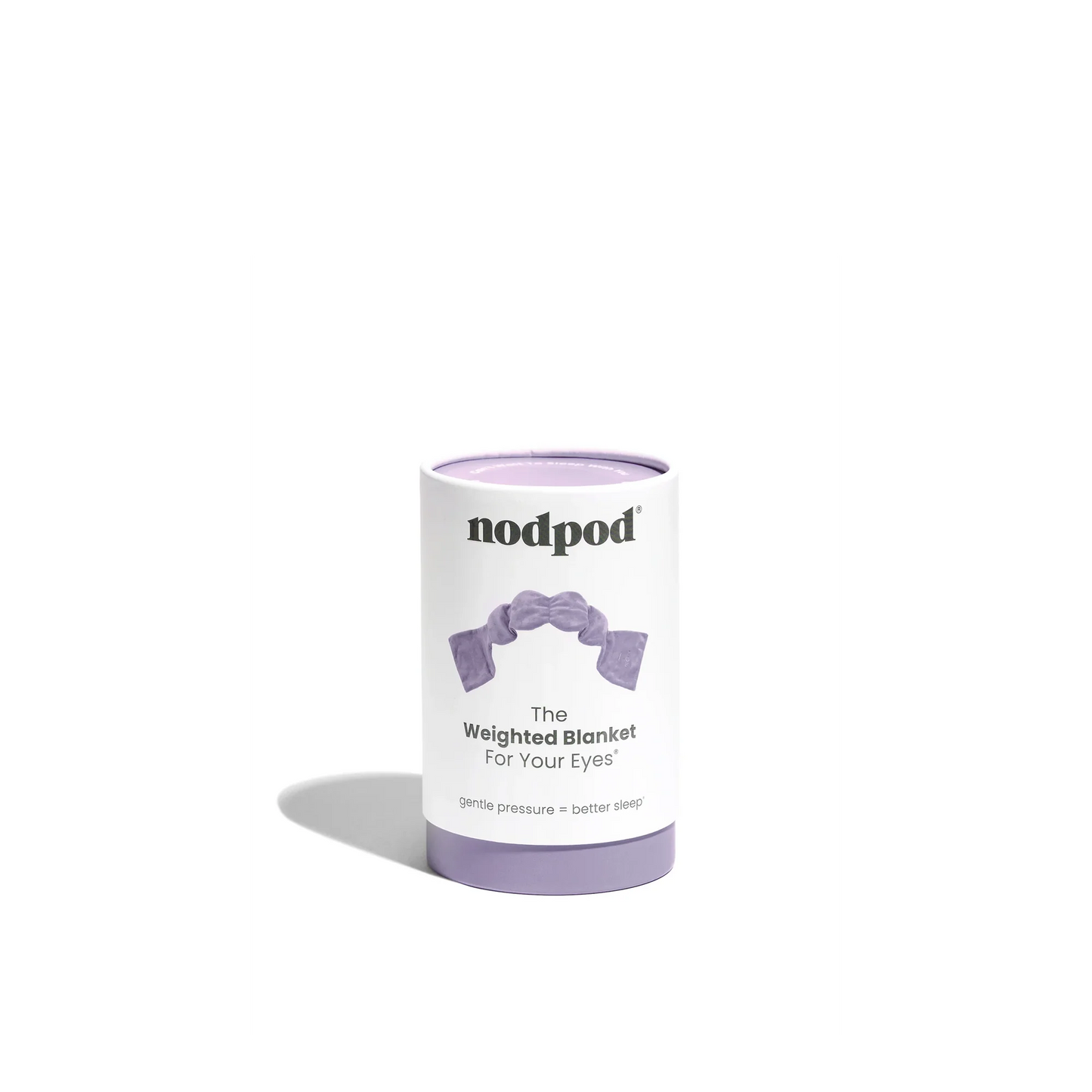 Nodpod sleep mask in white fabric, designed to block light and enhance relaxation for restful sleep.