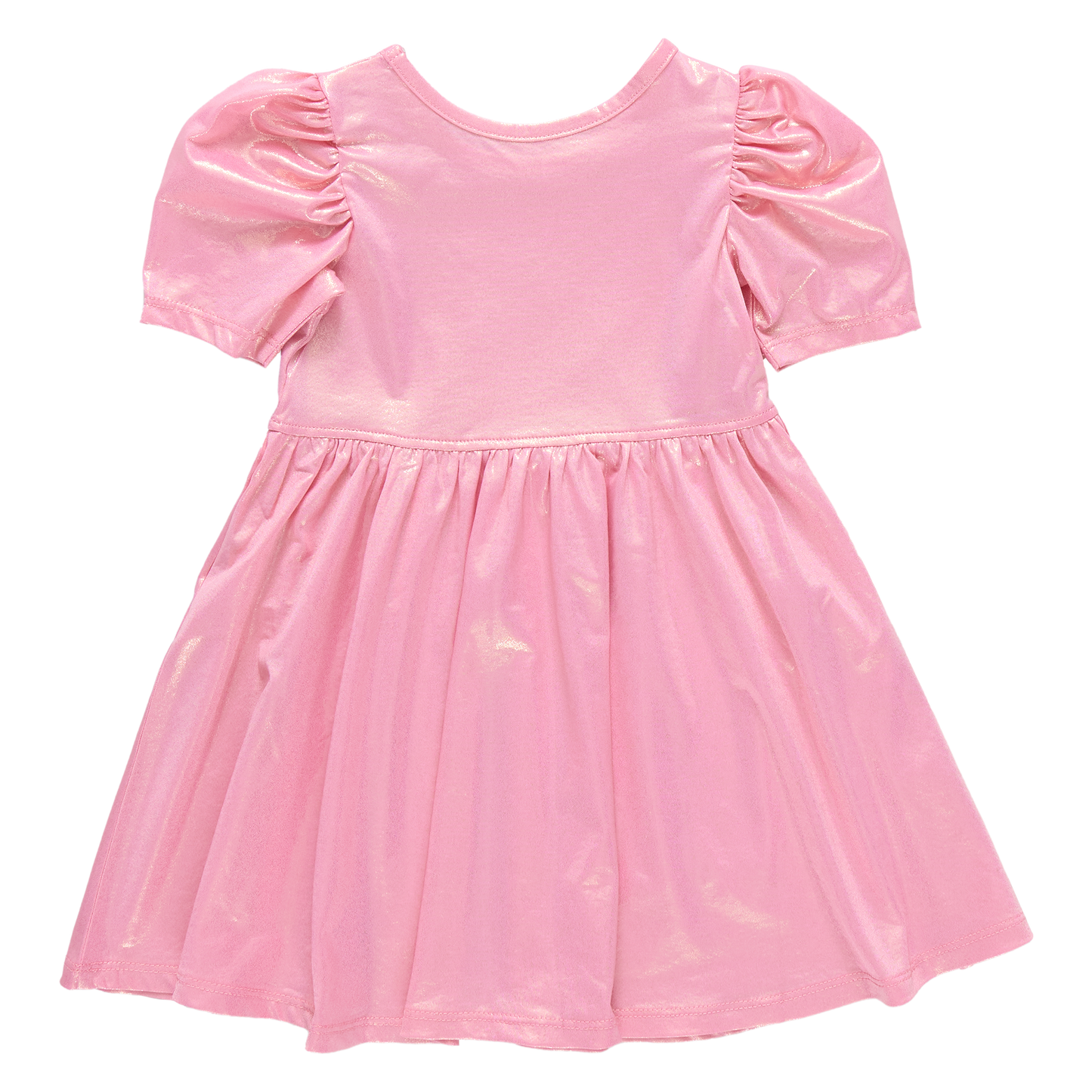 Light pink girls' Lame Laurie dress by Pink Chicken featuring a stylish, shiny fabric and a comfortable, playful design.