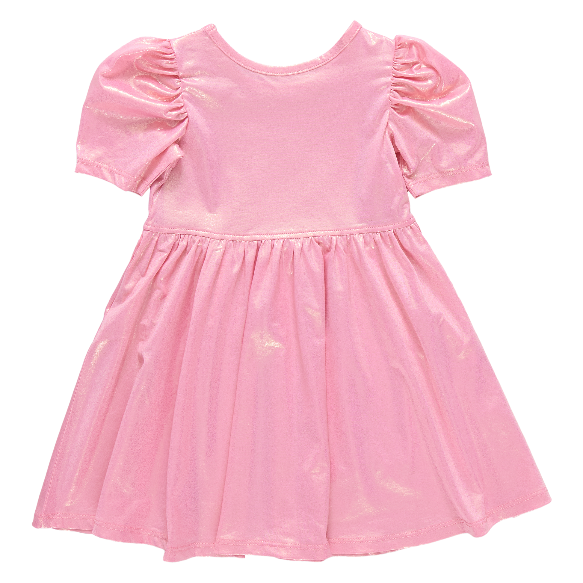 Light pink girls' Lame Laurie dress by Pink Chicken featuring a stylish, shiny fabric and a comfortable, playful design.