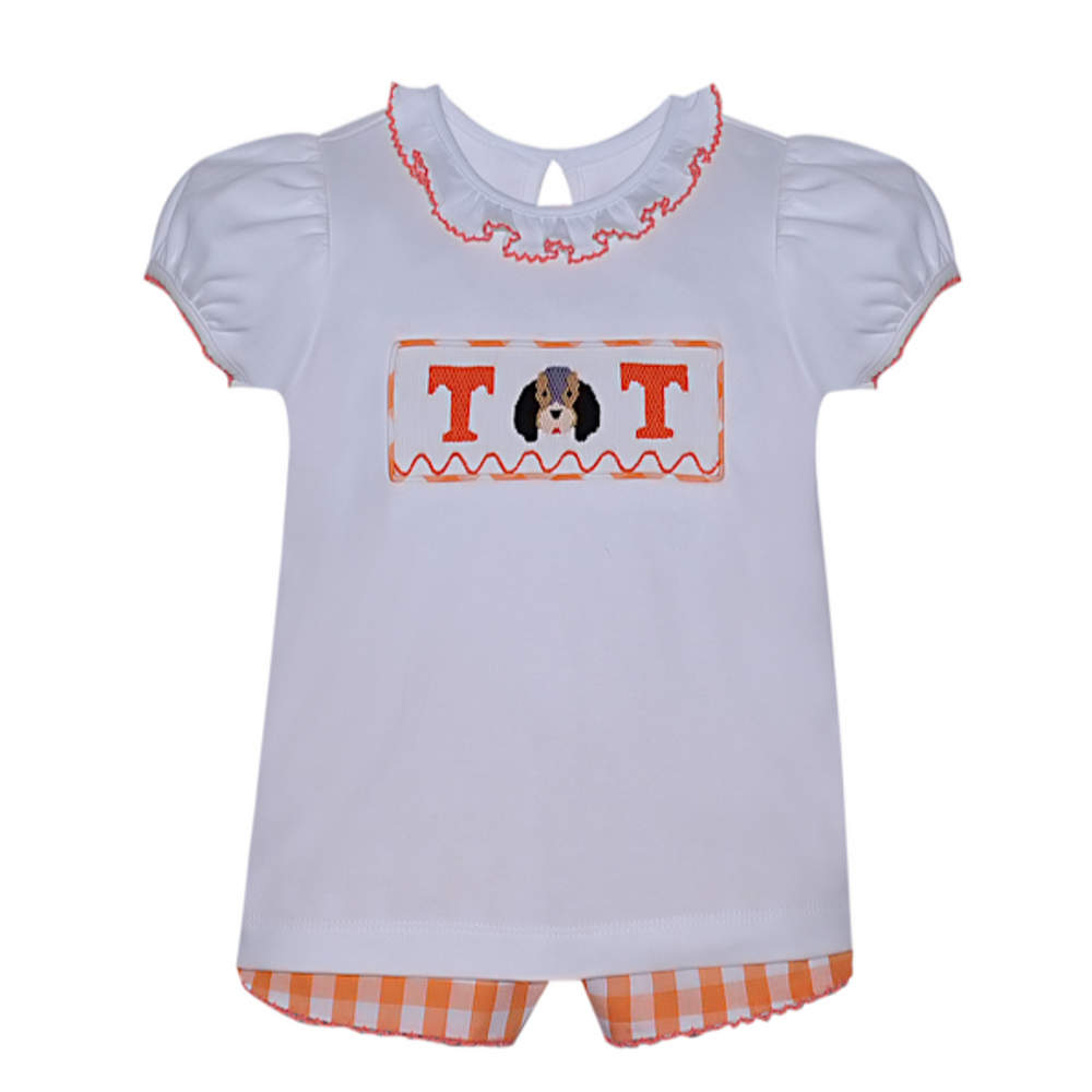 Remember Nguyen - Orange and White Ruffle Smocked Short Set Smokey and Power T