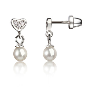 Cherished Moments - Sterling Silver Crystal Heart with Dangling Pearl Earring