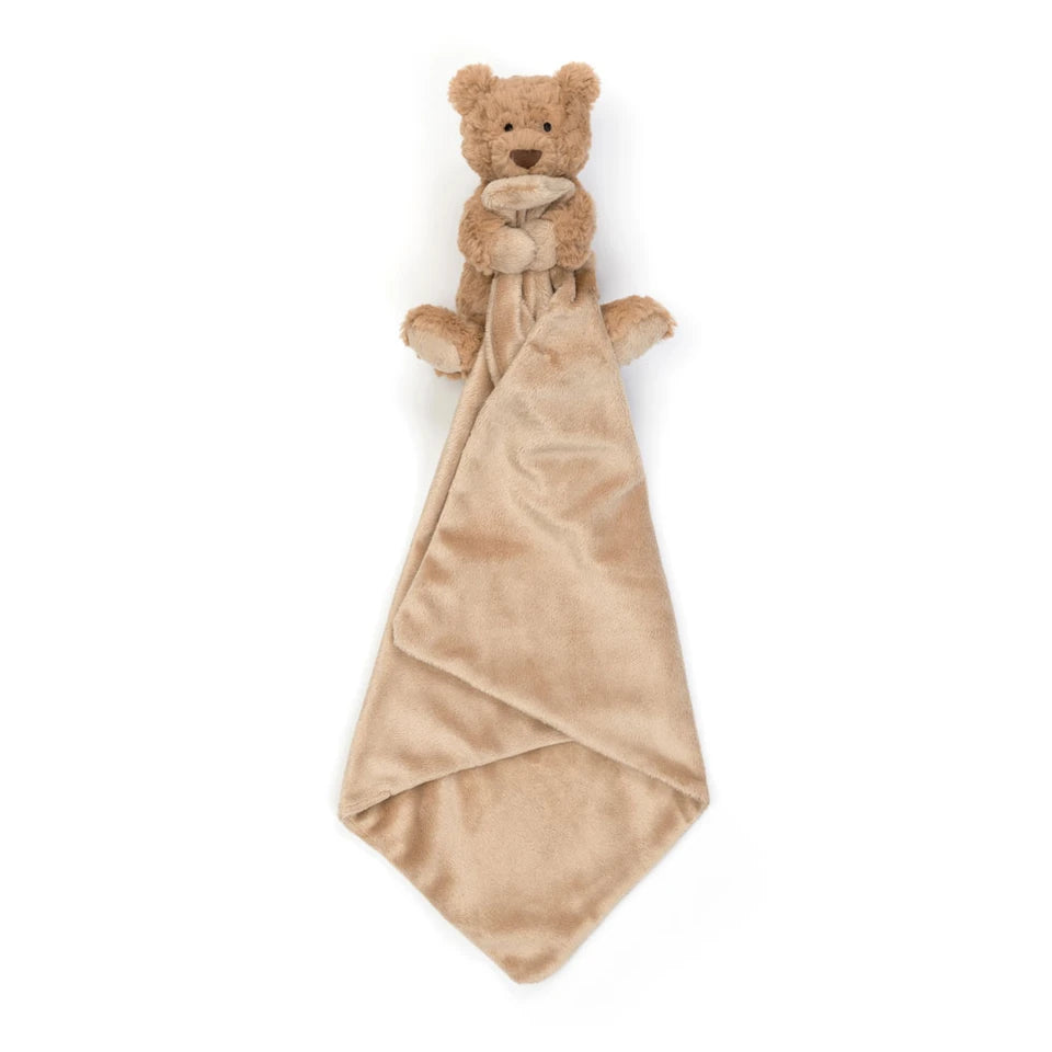Jellycat Bartholomew Bear Soother with soft fabric and adorable bear face, designed for comforting babies and young children.