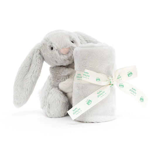 Jellycat Bashful Grey Bunny Soother with soft plush fur and floppy ears, ideal for comforting babies and young children.
